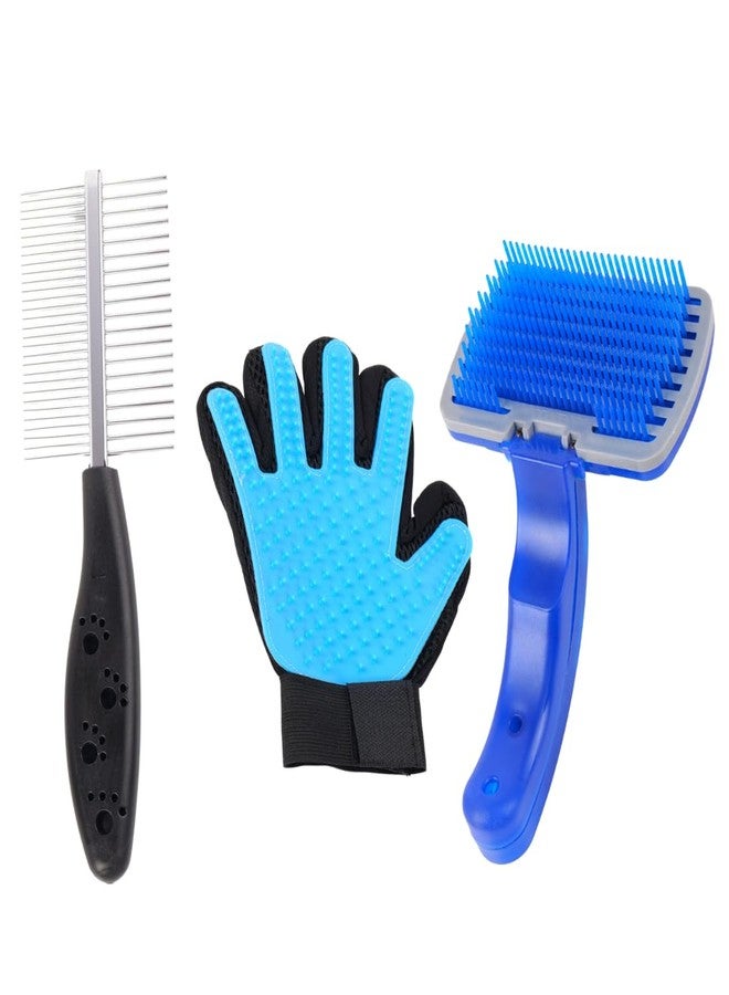 مجموعة العناية بالحيوانات الأليفة مع فرشاة تنظيف ذاتي، وقفاز لإزالة الشعر الزائد، ومشط للكلاب، باللونين الأزرق والأسود، طقم عناية احترافي من 3 قطع - Image 1